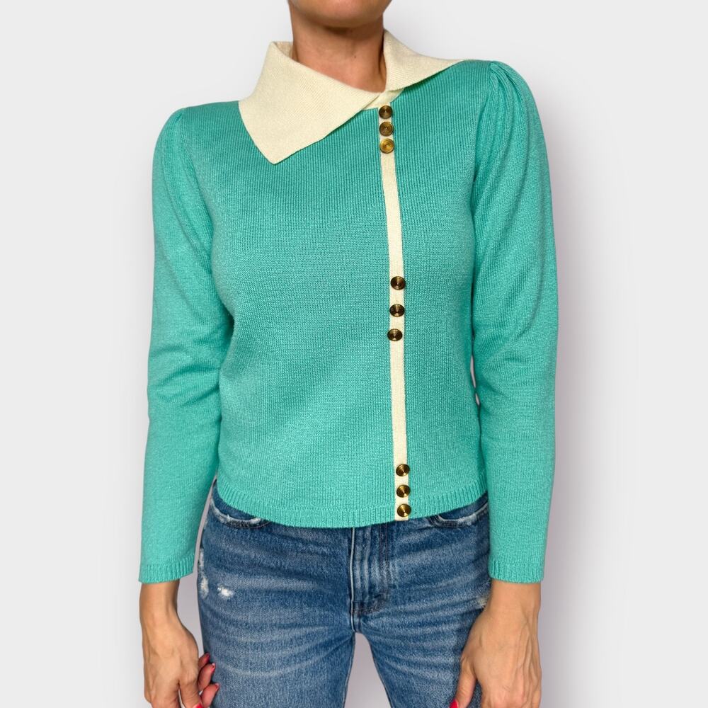 80s Vivanti aqua Sweater w/ Buttons - Picture 3 of 6